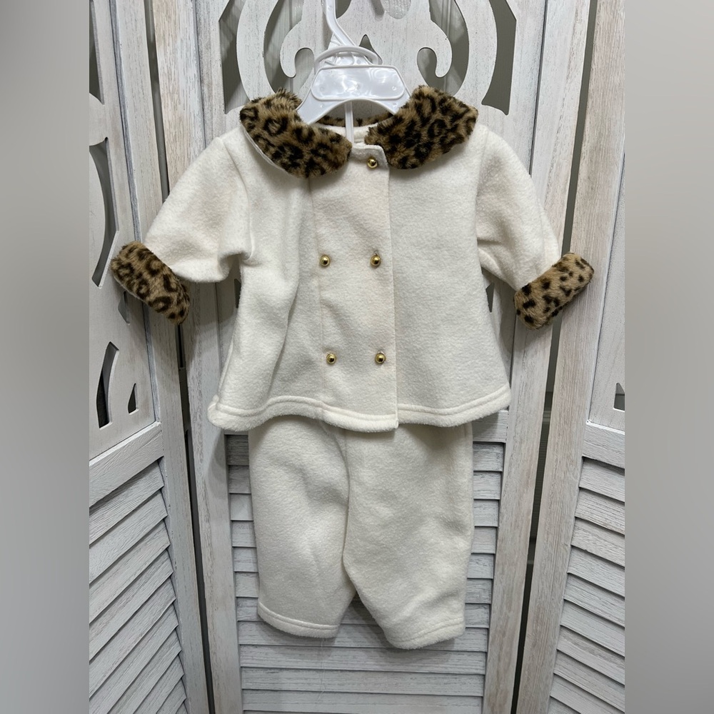 Vintage Y2K Cream Baby Two-Piece Set with Leopard Trim